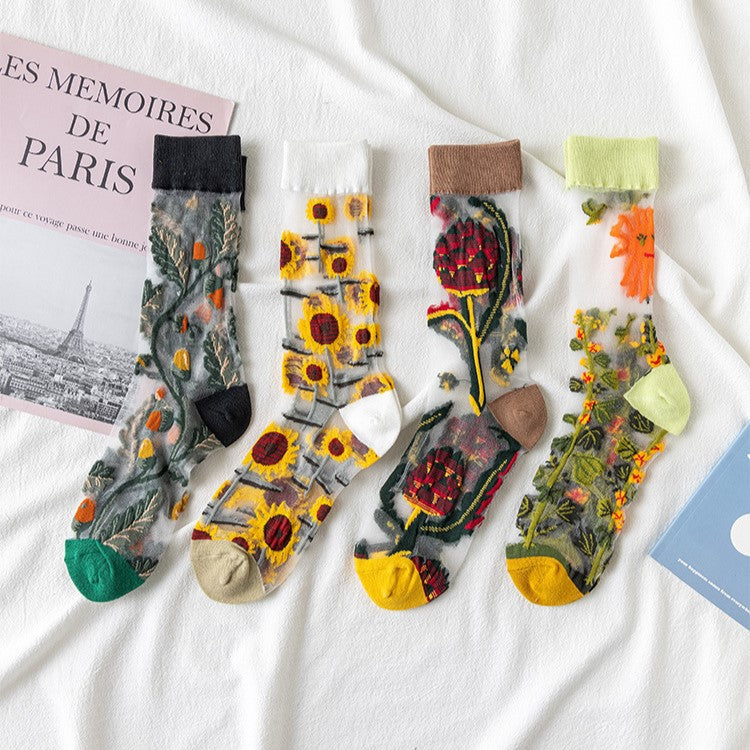 Sheer Mesh Floral Crew Socks - YellowBrown - 3
