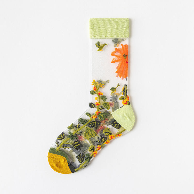 Sheer Mesh Floral Crew Socks - YellowGreen