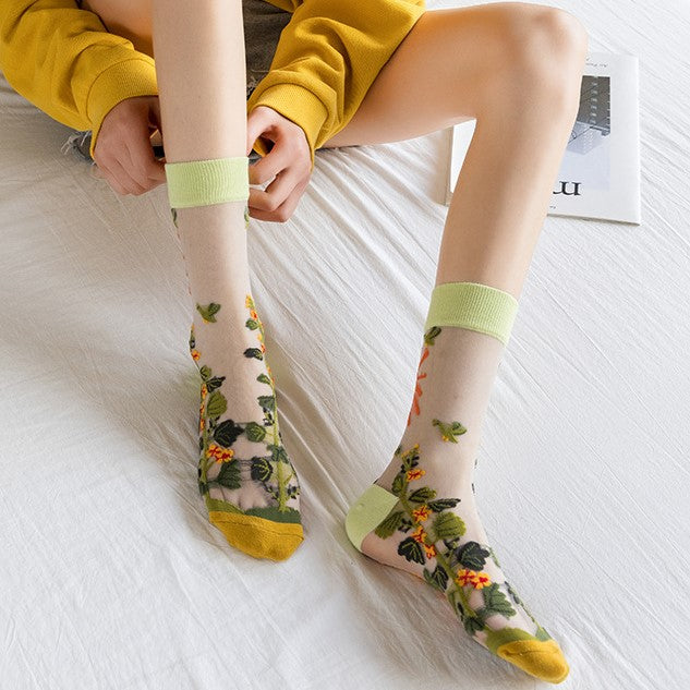 Sheer Mesh Floral Crew Socks - YellowGreen - 1