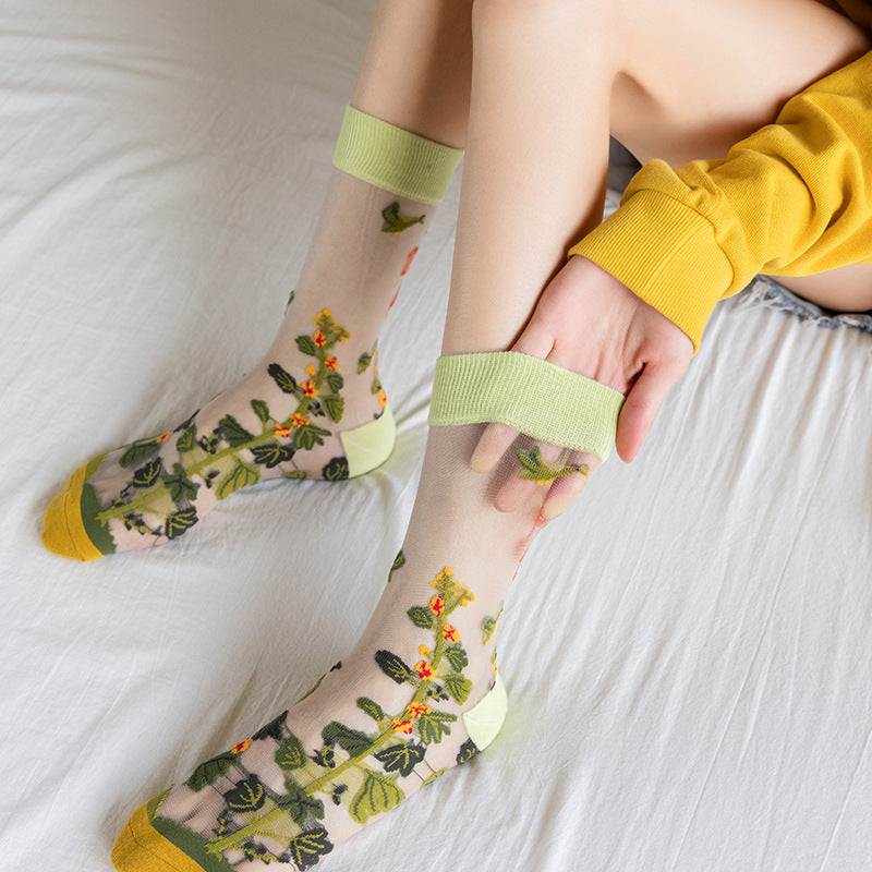 Sheer Mesh Floral Crew Socks - YellowGreen - 2