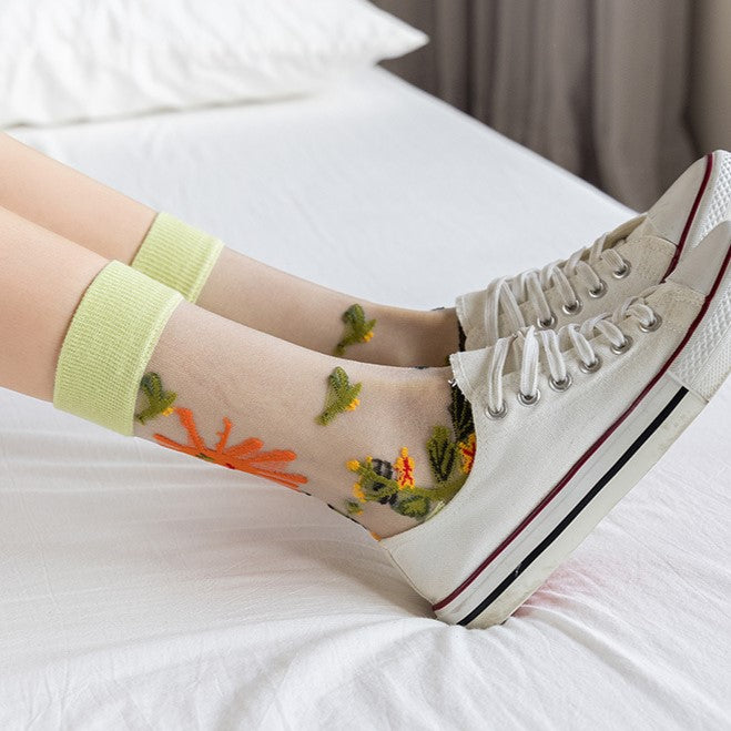 Sheer Mesh Floral Crew Socks - YellowGreen - 3