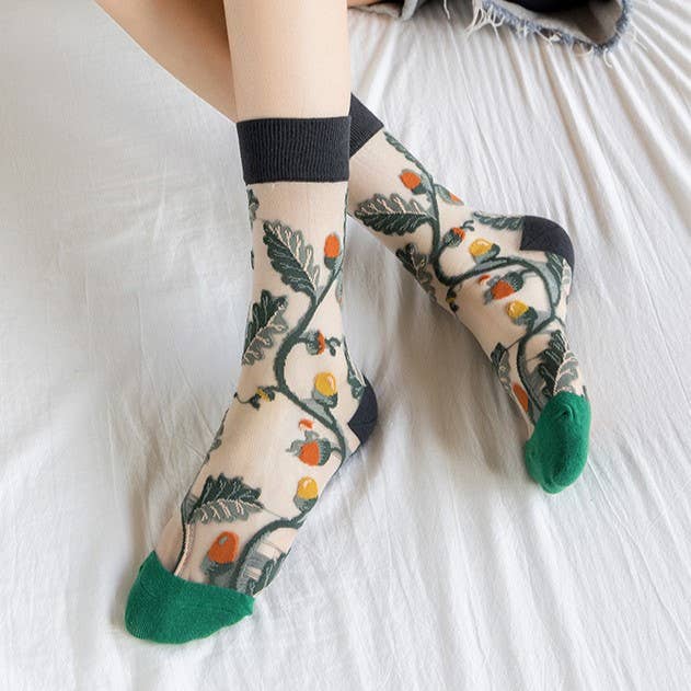 Sheer Mesh Floral Crew Socks