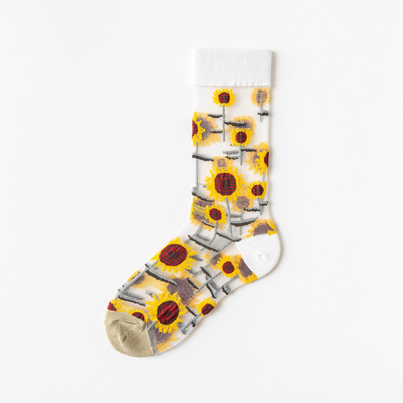 Sheer Mesh Floral Crew Socks - khakiWhite