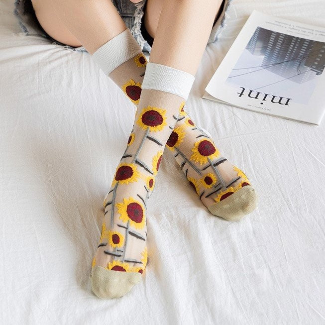 Sheer Mesh Floral Crew Socks - khakiWhite - 1