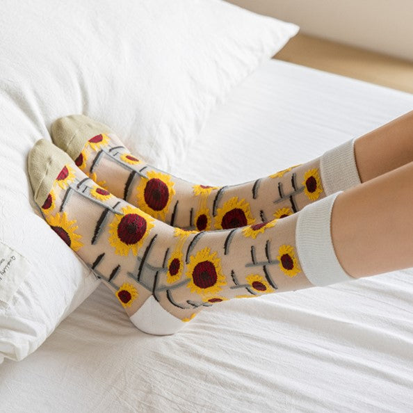 Sheer Mesh Floral Crew Socks - khakiWhite - 2