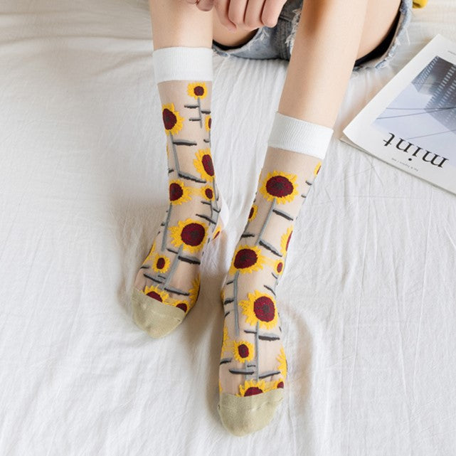 Sheer Mesh Floral Crew Socks - khakiWhite - 3