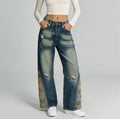 Daisy Embroidered Baggy Wide Leg Jeans - Blue