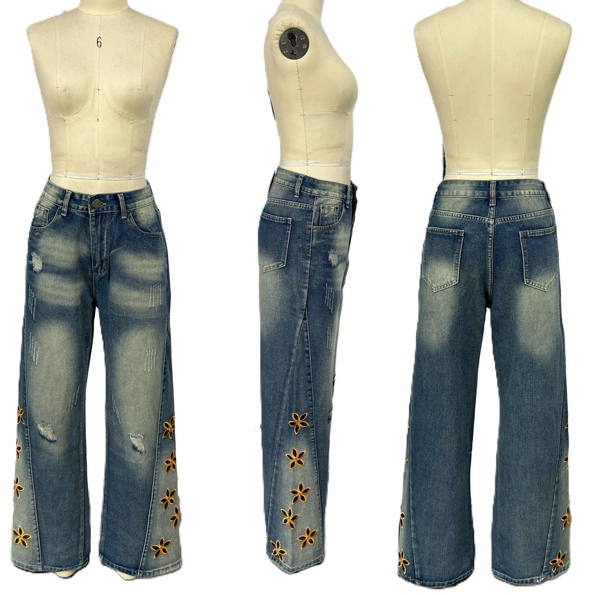 Daisy Embroidered Baggy Wide Leg Jeans - Blue - 1