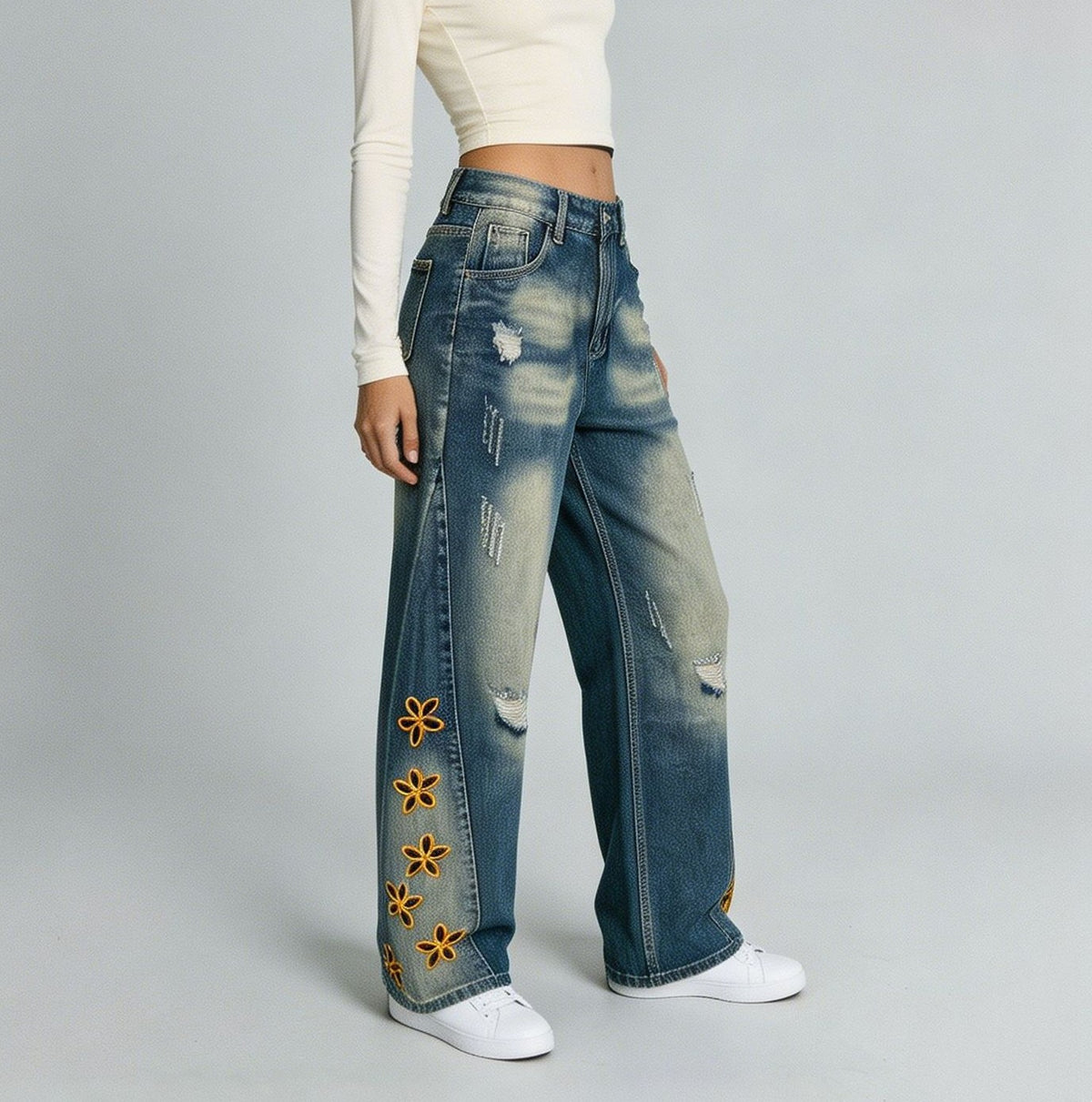 Daisy Embroidered Baggy Wide Leg Jeans - Blue - 2