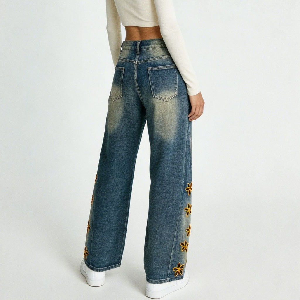 Daisy Embroidered Baggy Wide Leg Jeans - Blue - 3