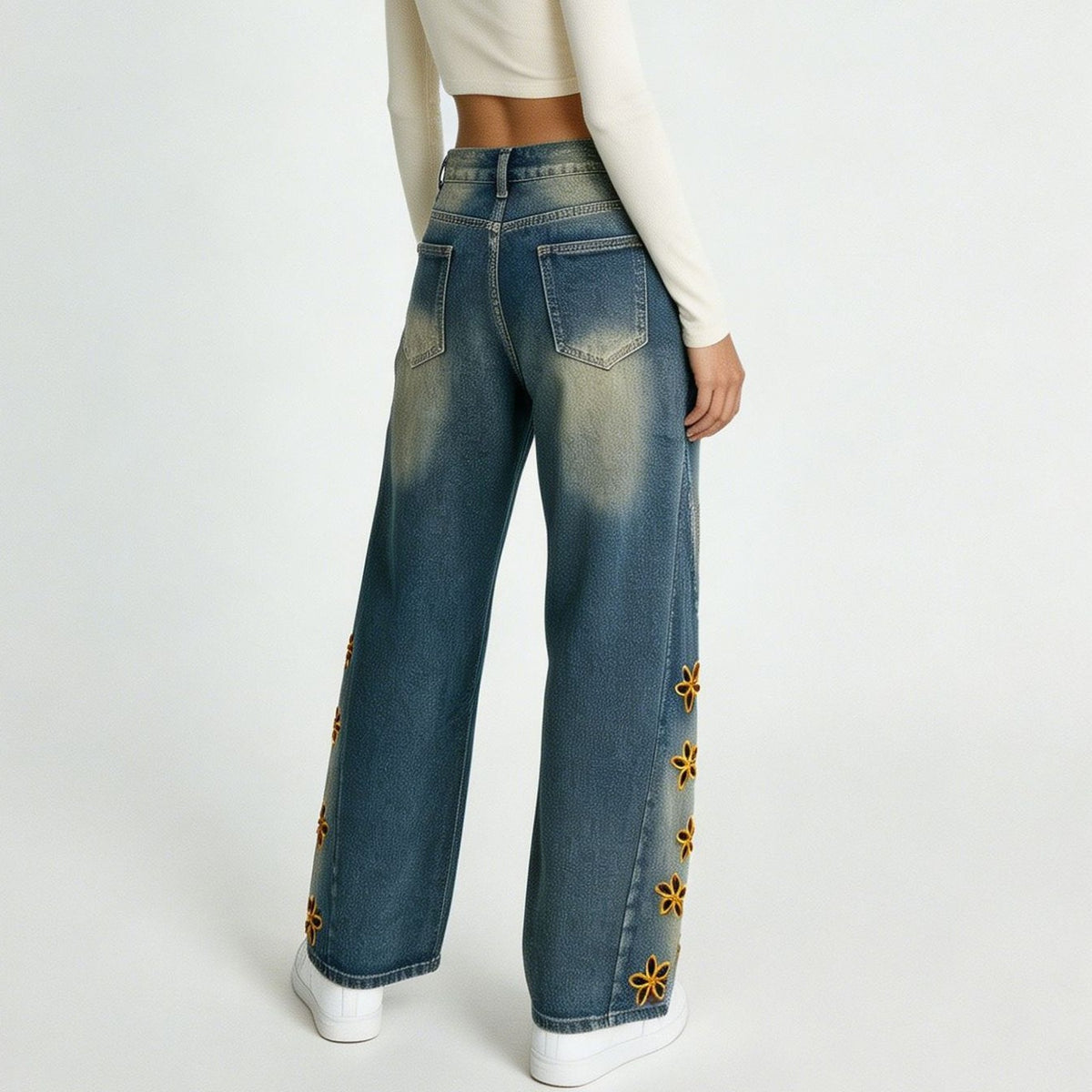 Daisy Embroidered Baggy Wide Leg Jeans - Blue - 3