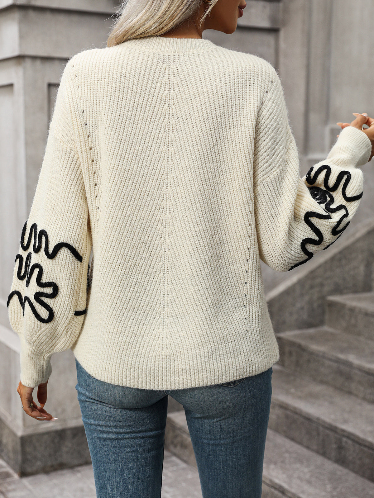 Squiggle Embroidered Sleeve V Neck Sweater - Apricot - 2