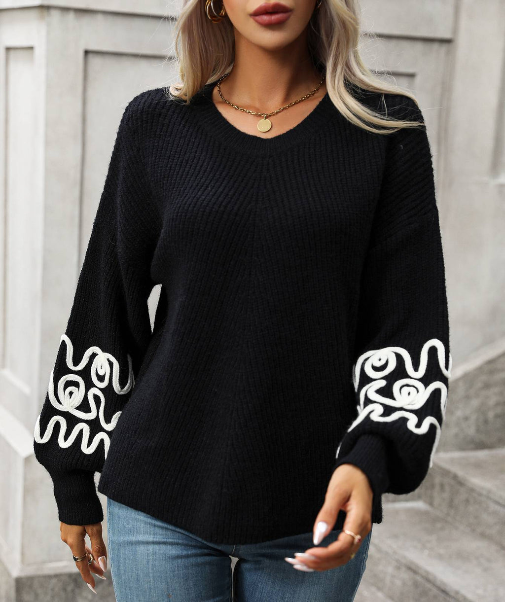 Squiggle Embroidered Sleeve V Neck Sweater - Black