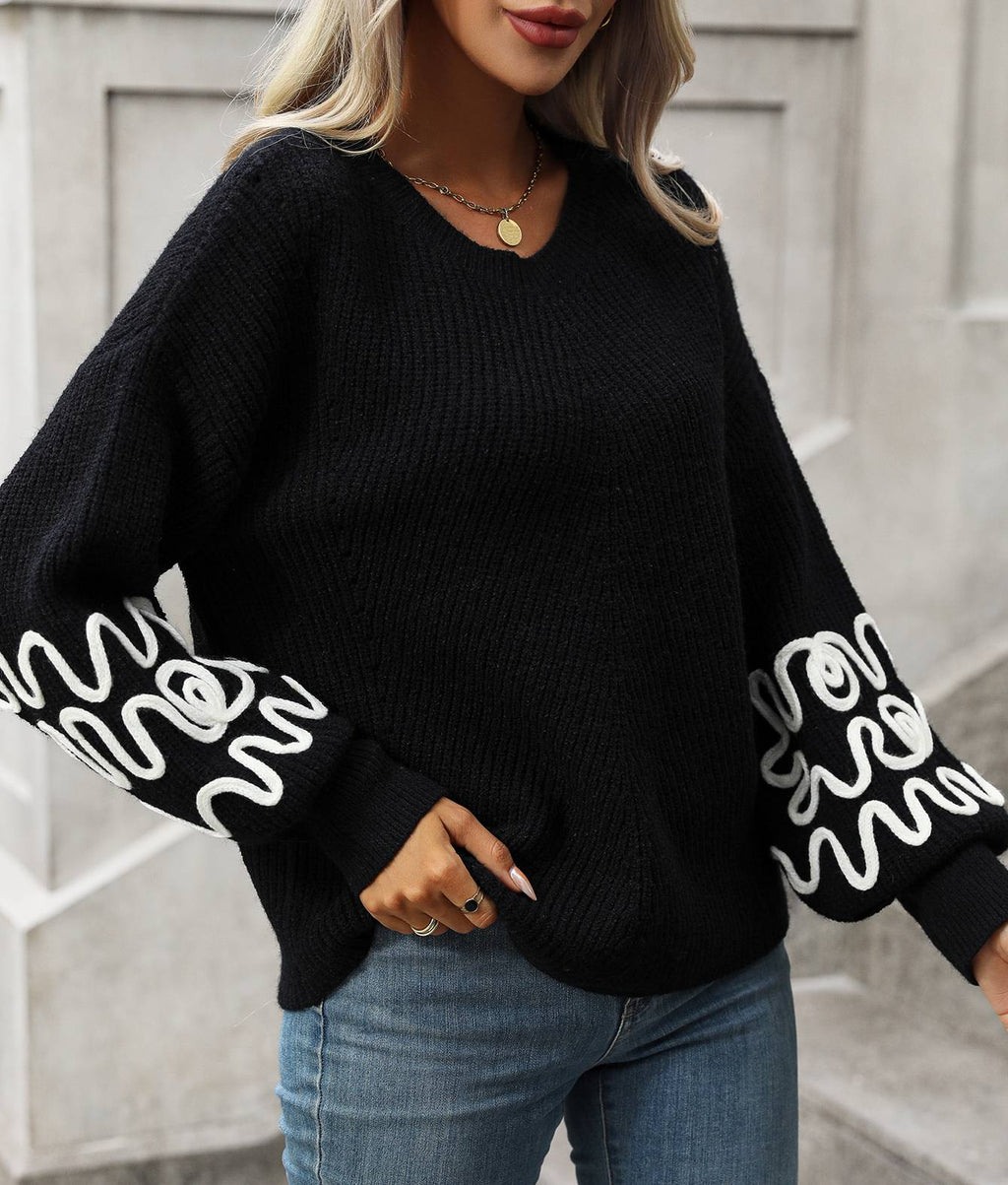 Squiggle Embroidered Sleeve V Neck Sweater - Black - 1