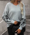 Squiggle Embroidered Sleeve V Neck Sweater - Grey