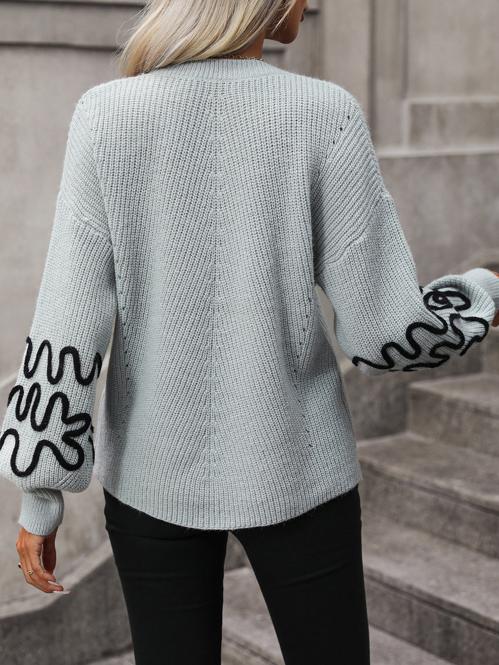 Squiggle Embroidered Sleeve V Neck Sweater - Grey - 1
