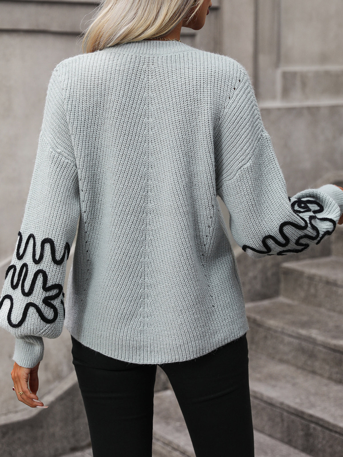 Squiggle Embroidered Sleeve V Neck Sweater - Grey - 1