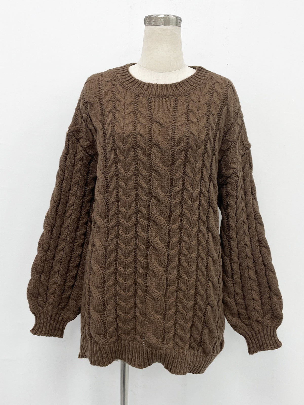 Cable Knit Balloon Sleeve Mini Sweater Dress - Brown