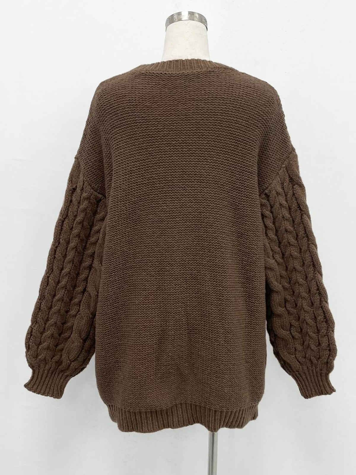 Cable Knit Balloon Sleeve Mini Sweater Dress - Brown - 1