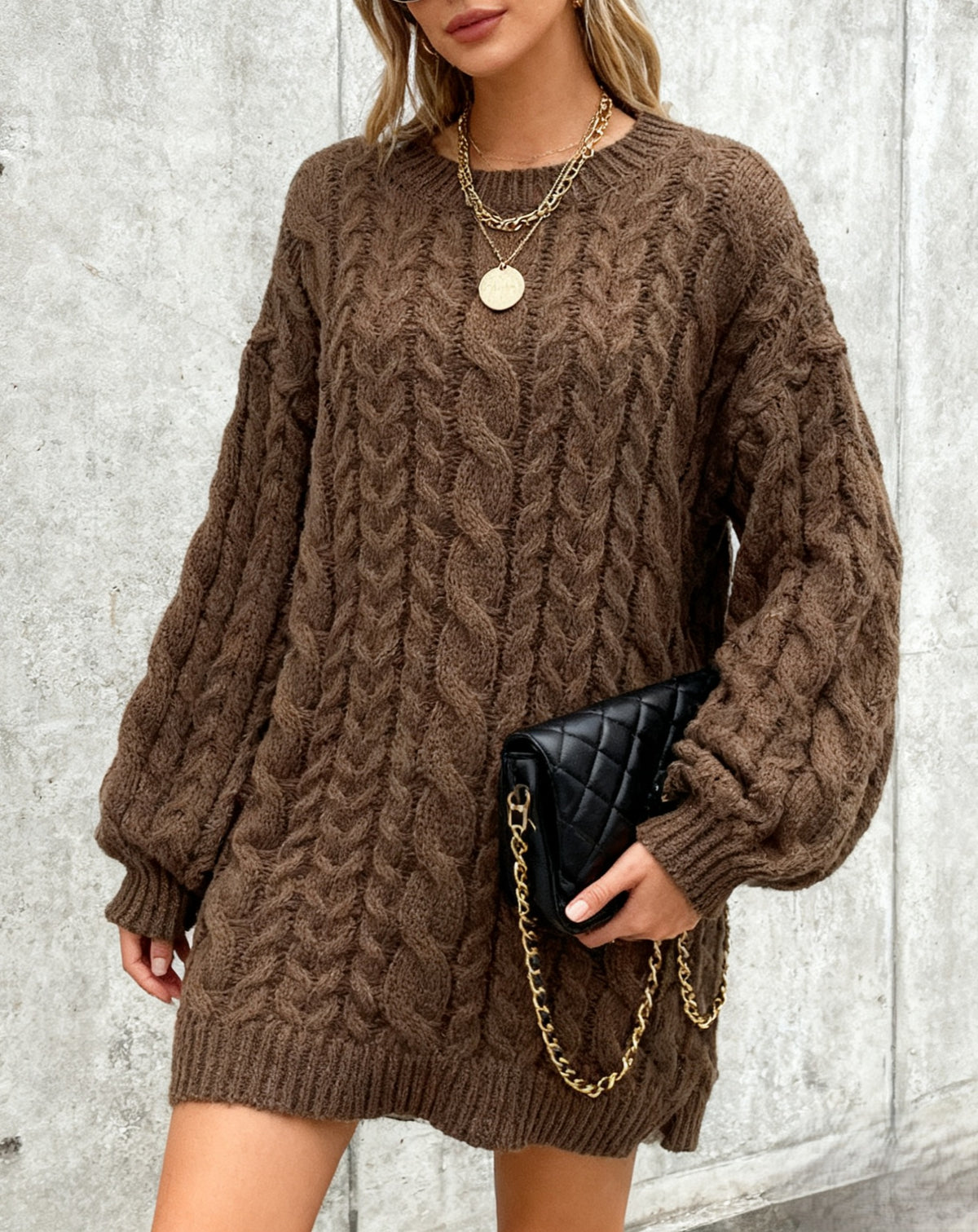 Cable Knit Balloon Sleeve Mini Sweater Dress
