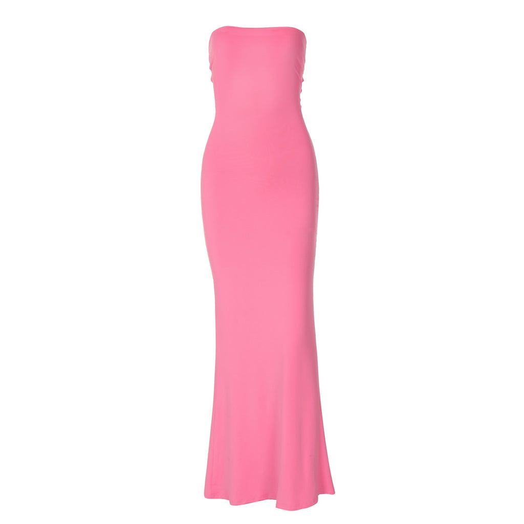 Ruched Bandeau Fishtail Maxi Dress - Pink - 1