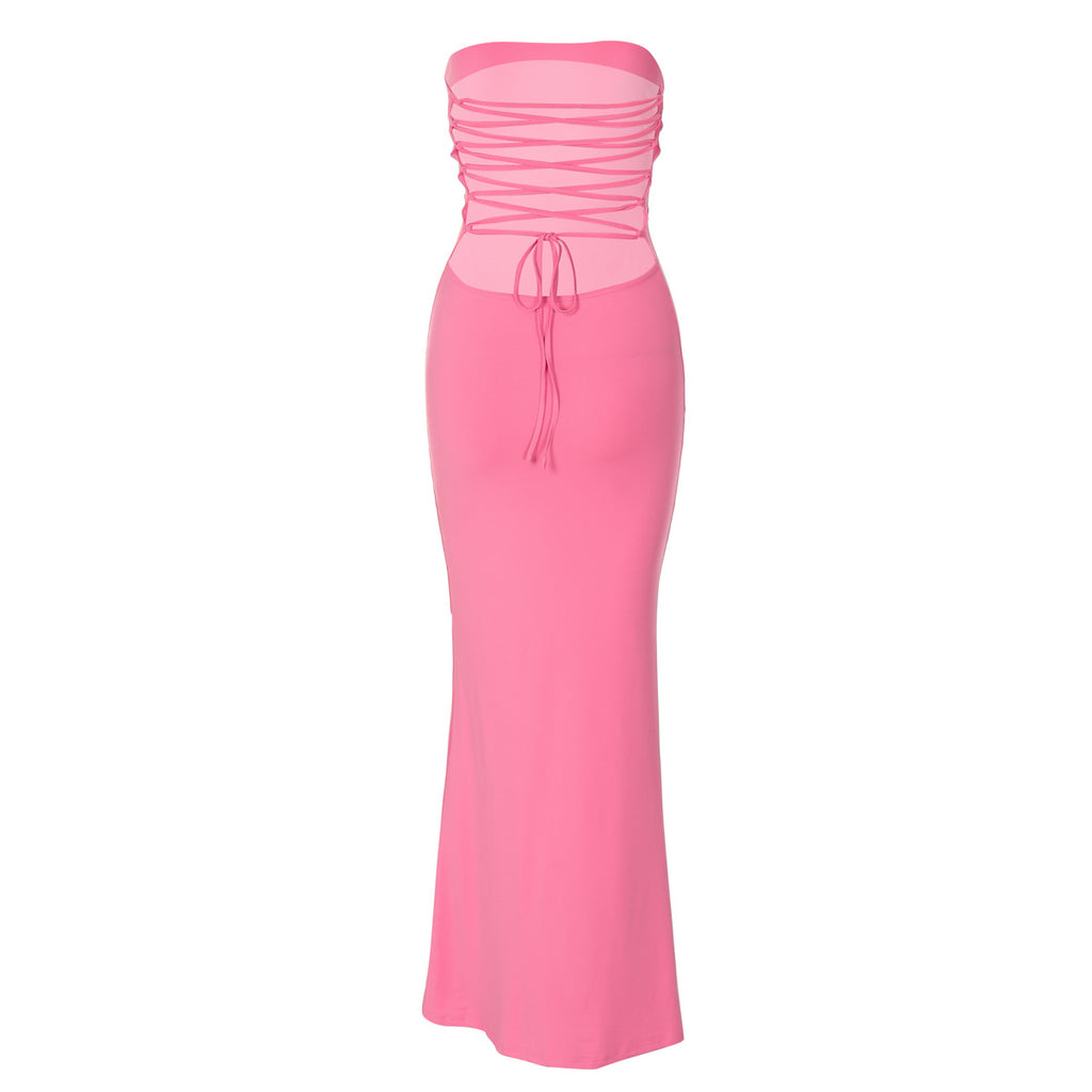 Ruched Bandeau Fishtail Maxi Dress - Pink - 2