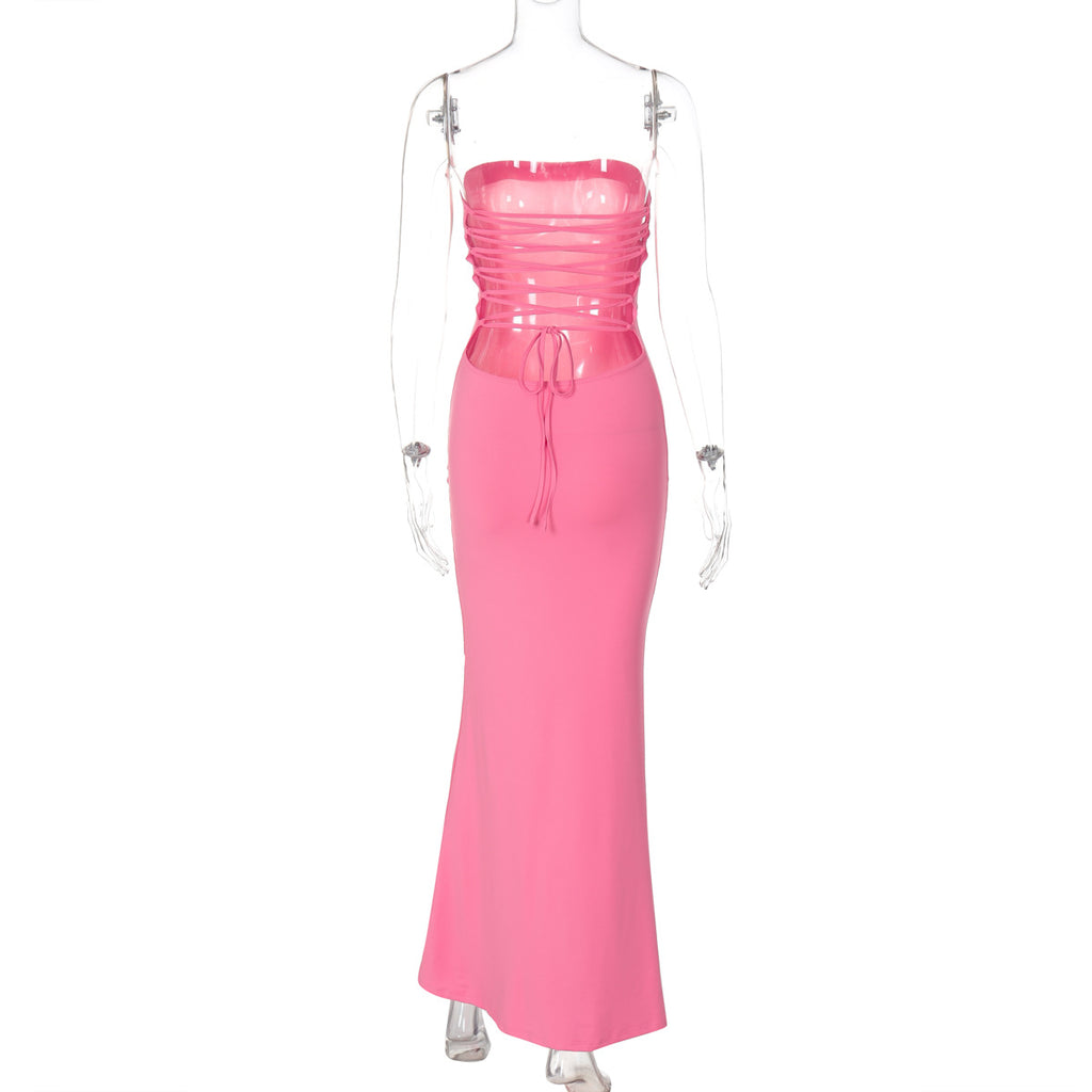Ruched Bandeau Fishtail Maxi Dress - Pink - 8