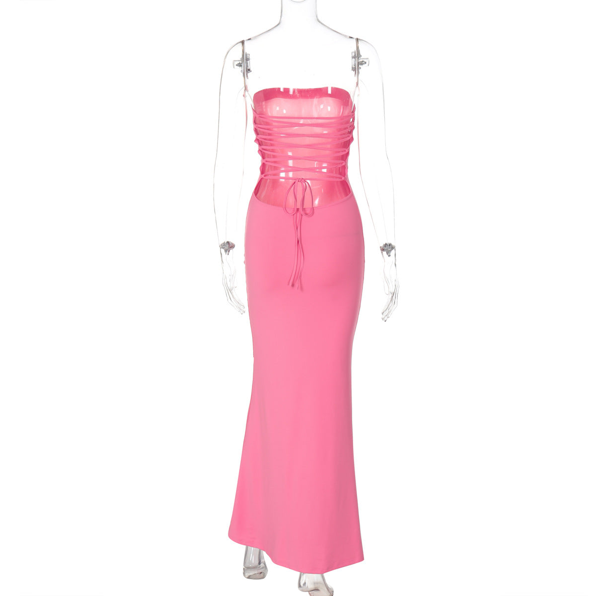 Ruched Bandeau Fishtail Maxi Dress - Pink - 8