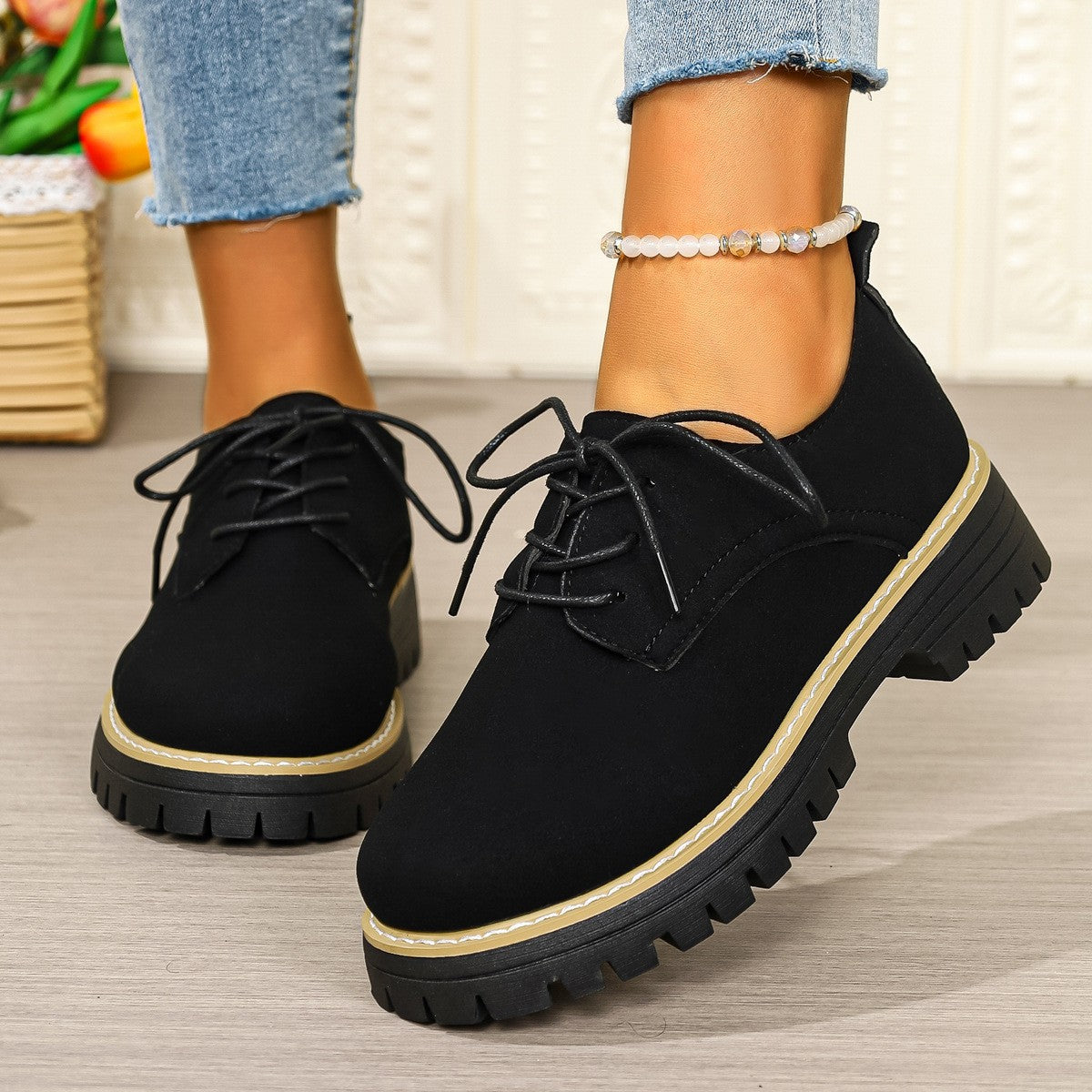 Suede-Look Lace-Up Platform Oxford Shoes - Black