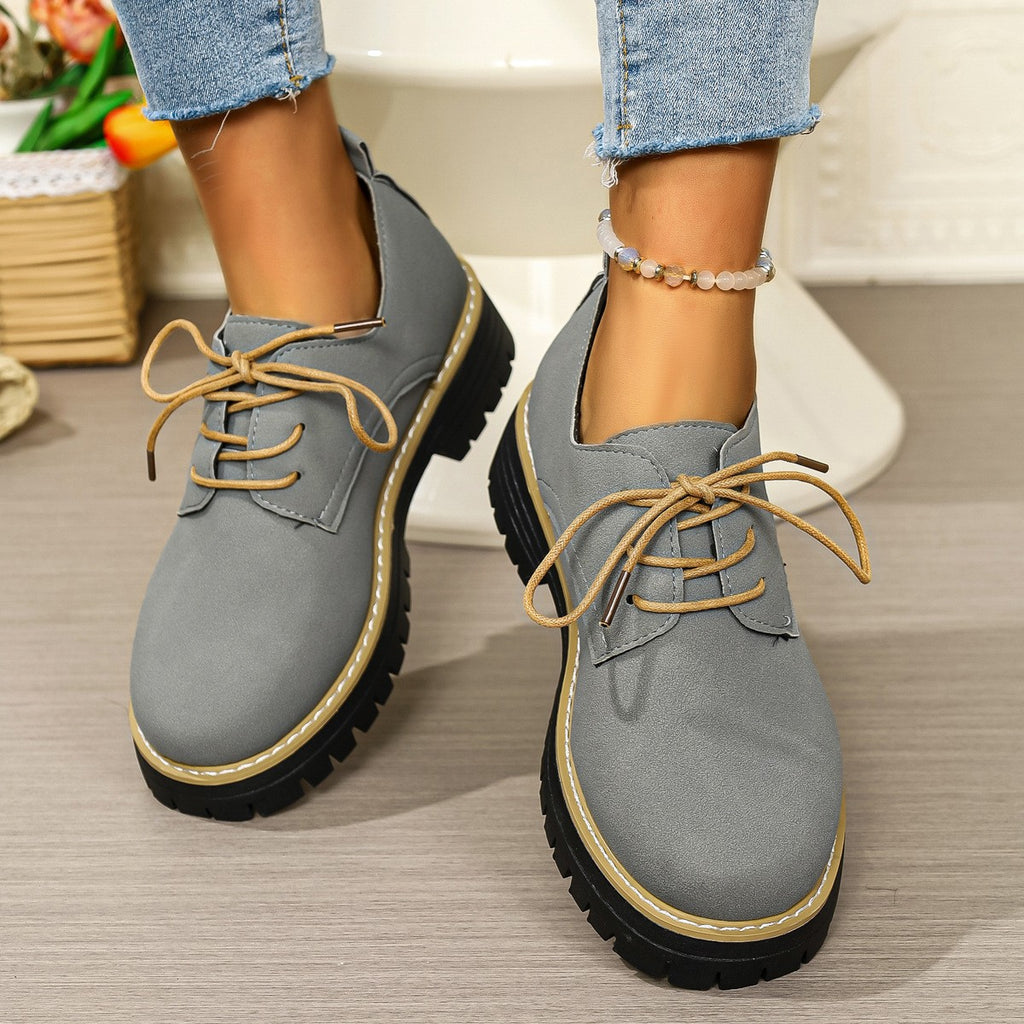 Suede-Look Lace-Up Platform Oxford Shoes - Gray