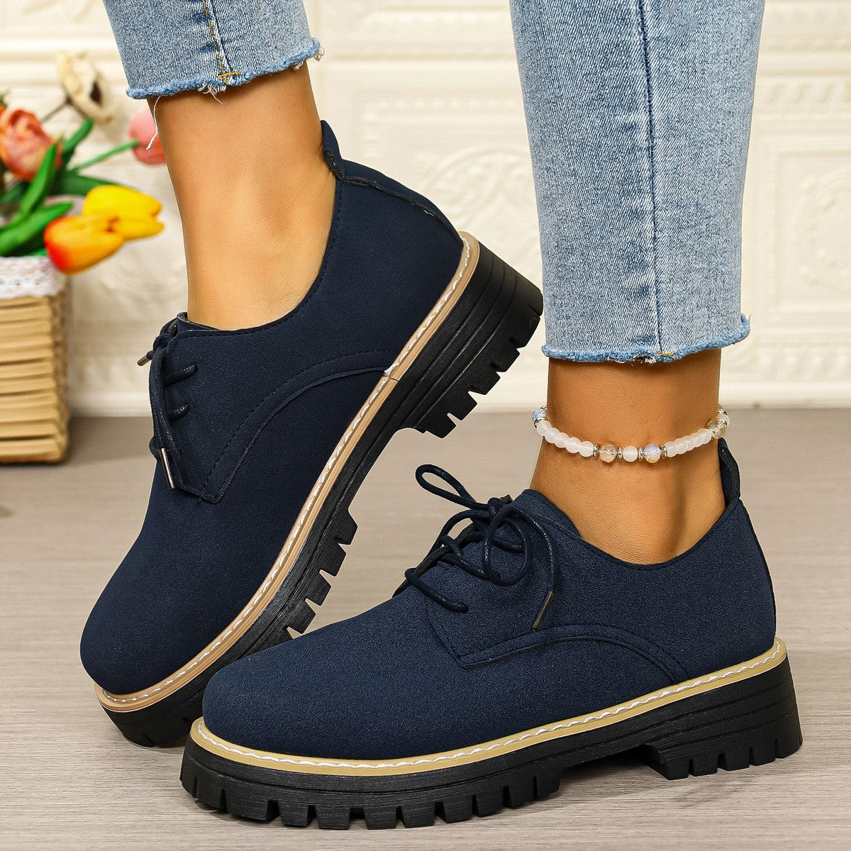 Suede-Look Lace-Up Platform Oxford Shoes - Navy