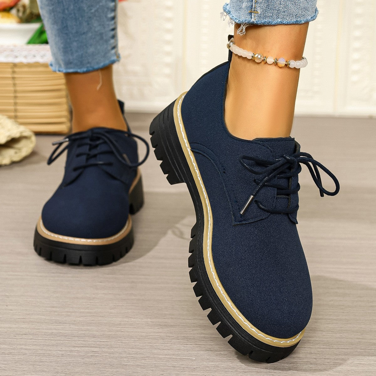 Suede-Look Lace-Up Platform Oxford Shoes
