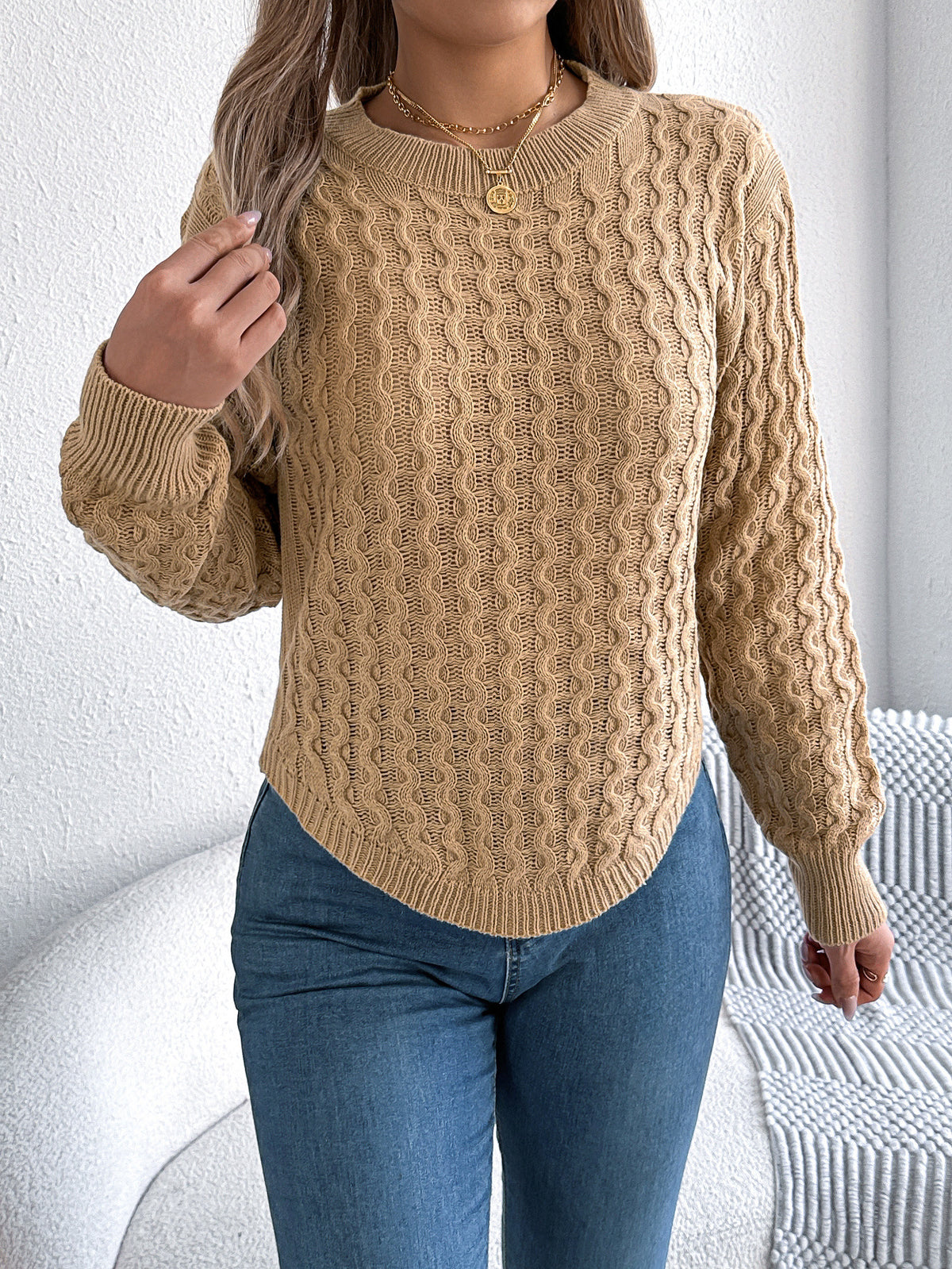 Textured Cable Knit Curved Hem Sweater - Khaki