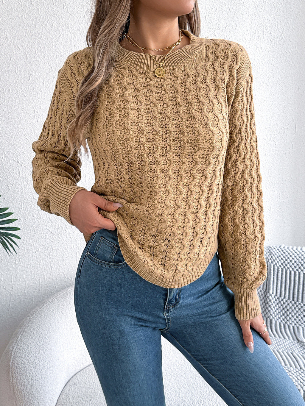 Textured Cable Knit Curved Hem Sweater - Khaki - 1