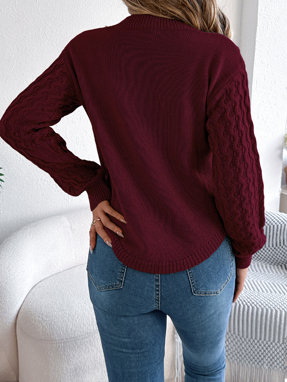 Textured Cable Knit Curved Hem Sweater - Winered - 1
