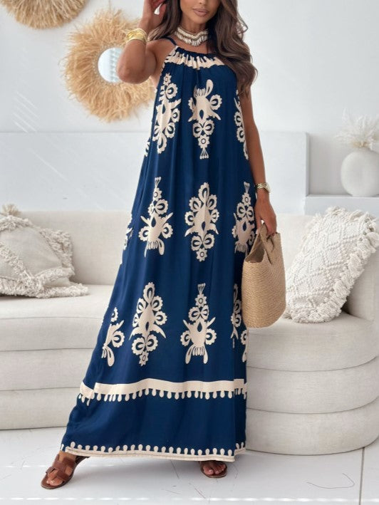 Ornate Placement Print Maxi Slip Dress - DarkBlue