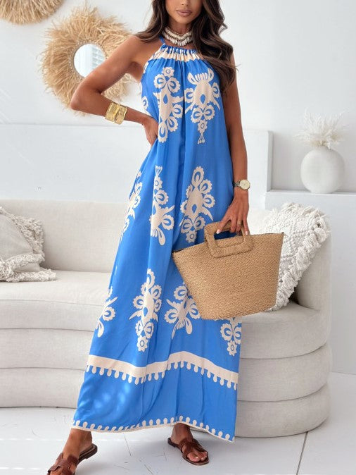 Ornate Placement Print Maxi Slip Dress - SkyBlue