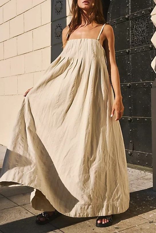 Pleated Bodice Strappy Swing Maxi Dress - Khaki