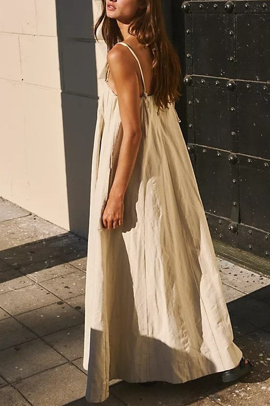 Pleated Bodice Strappy Swing Maxi Dress - Khaki - 1