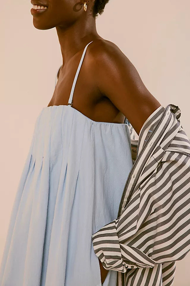 Pleated Bodice Strappy Swing Maxi Dress - Lightblue - 1