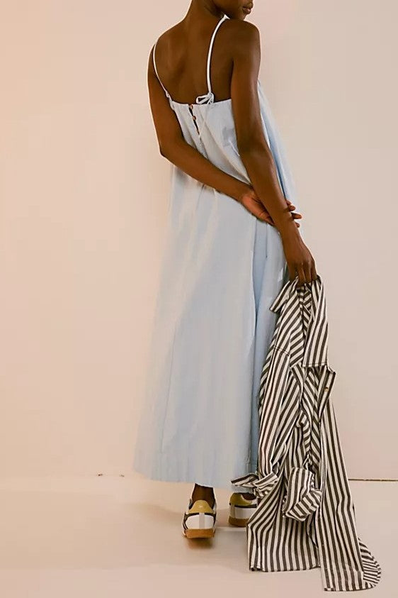 Pleated Bodice Strappy Swing Maxi Dress - Lightblue - 2
