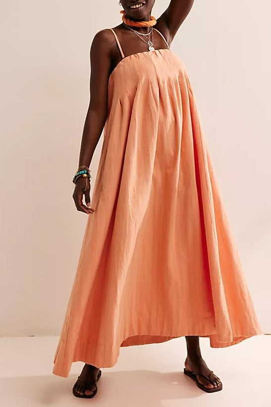 Pleated Bodice Strappy Swing Maxi Dress - orange