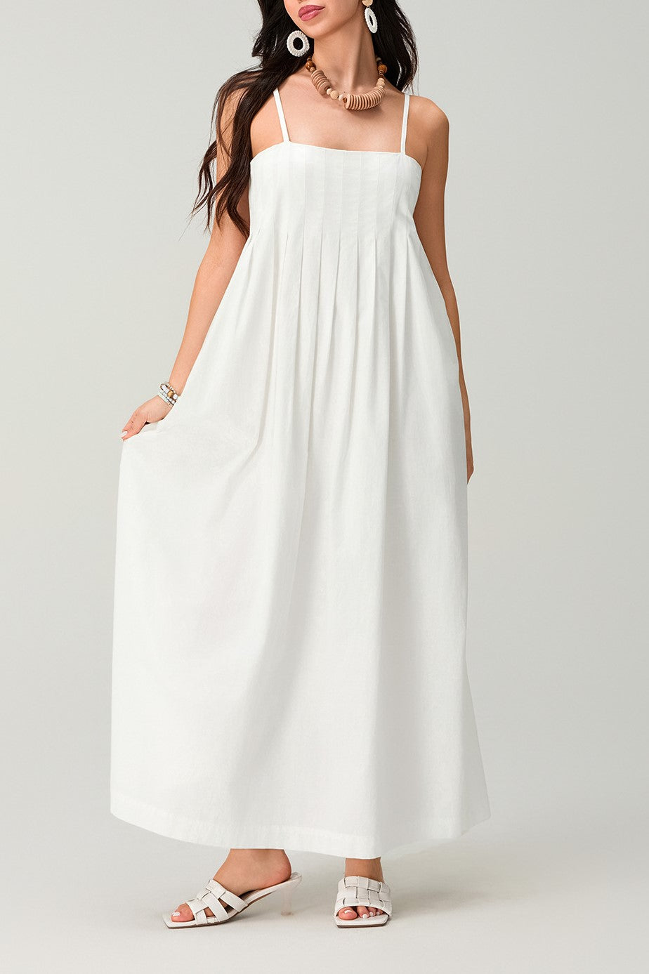 Pleated Bodice Strappy Swing Maxi Dress - white