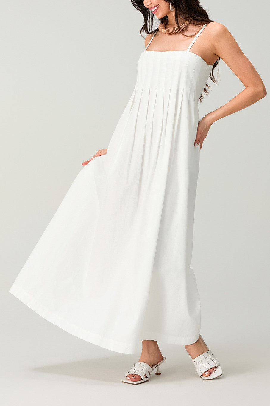 Pleated Bodice Strappy Swing Maxi Dress - white - 2