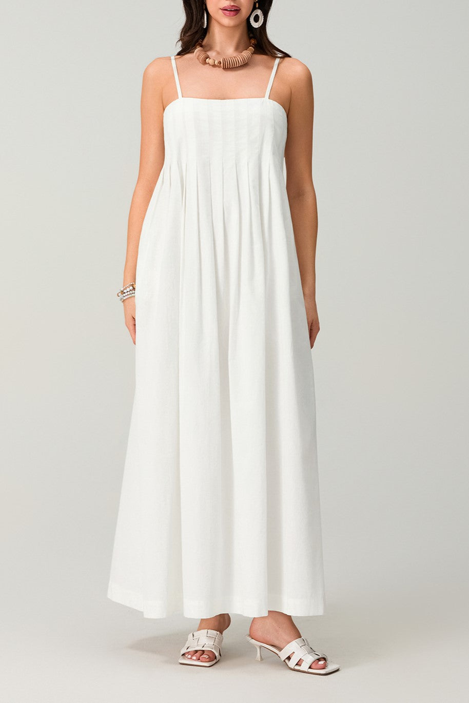 Pleated Bodice Strappy Swing Maxi Dress - white - 3