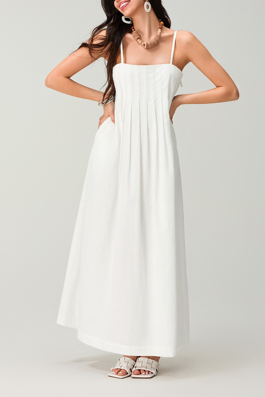 Pleated Bodice Strappy Swing Maxi Dress - white - 4