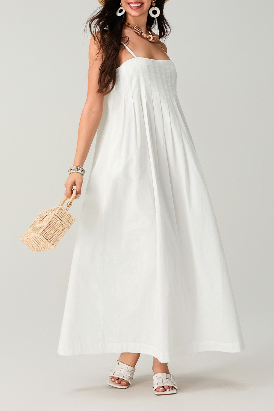 Pleated Bodice Strappy Swing Maxi Dress - white - 5