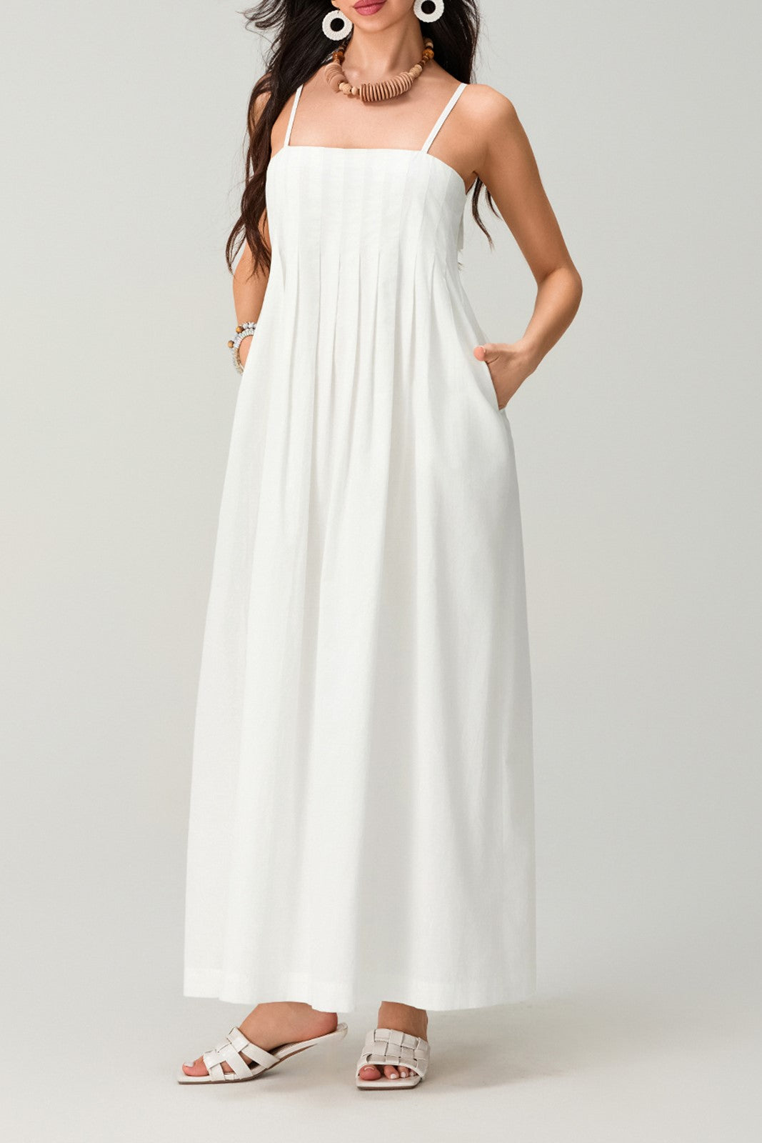 Pleated Bodice Strappy Swing Maxi Dress - white - 6