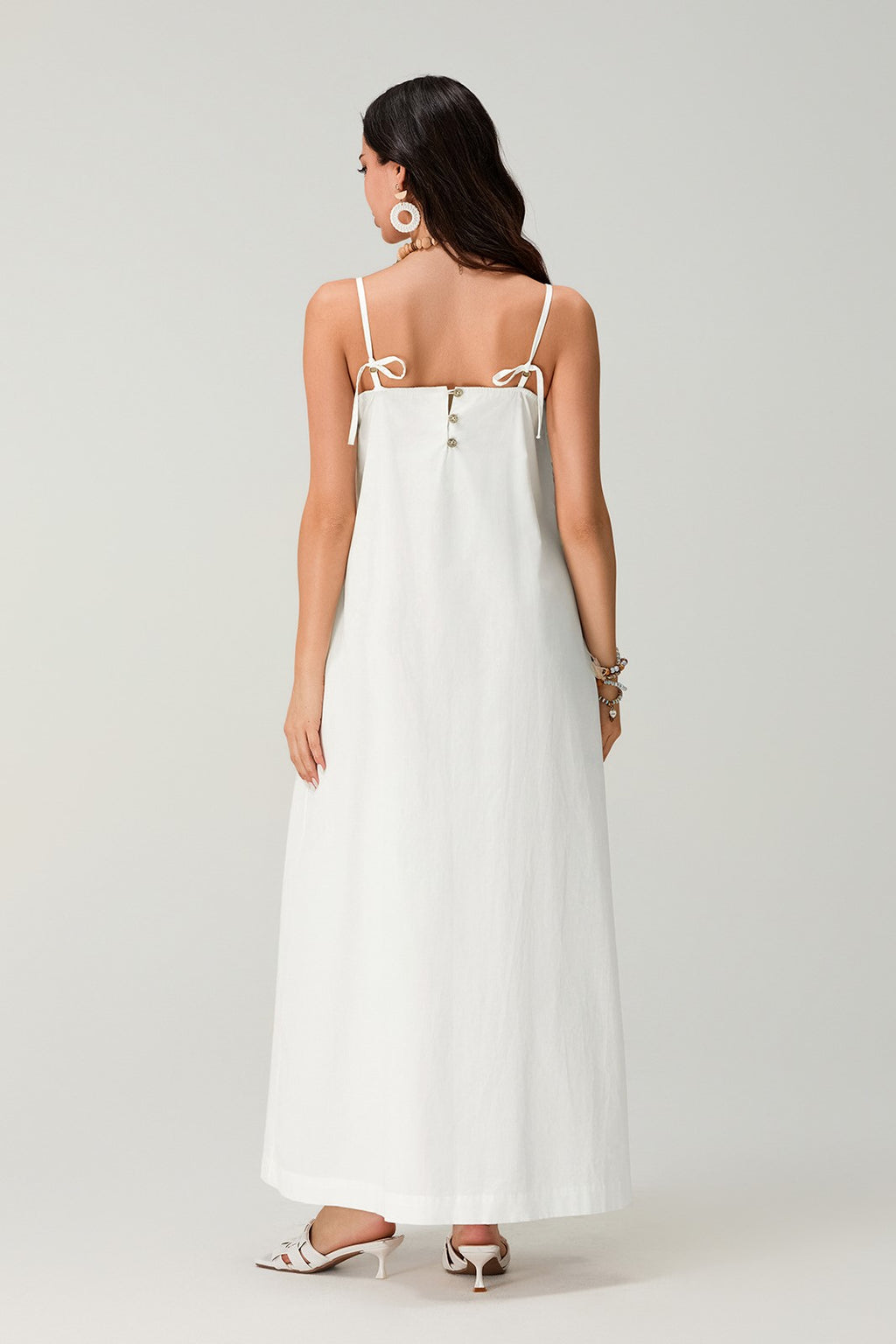 Pleated Bodice Strappy Swing Maxi Dress - white - 7