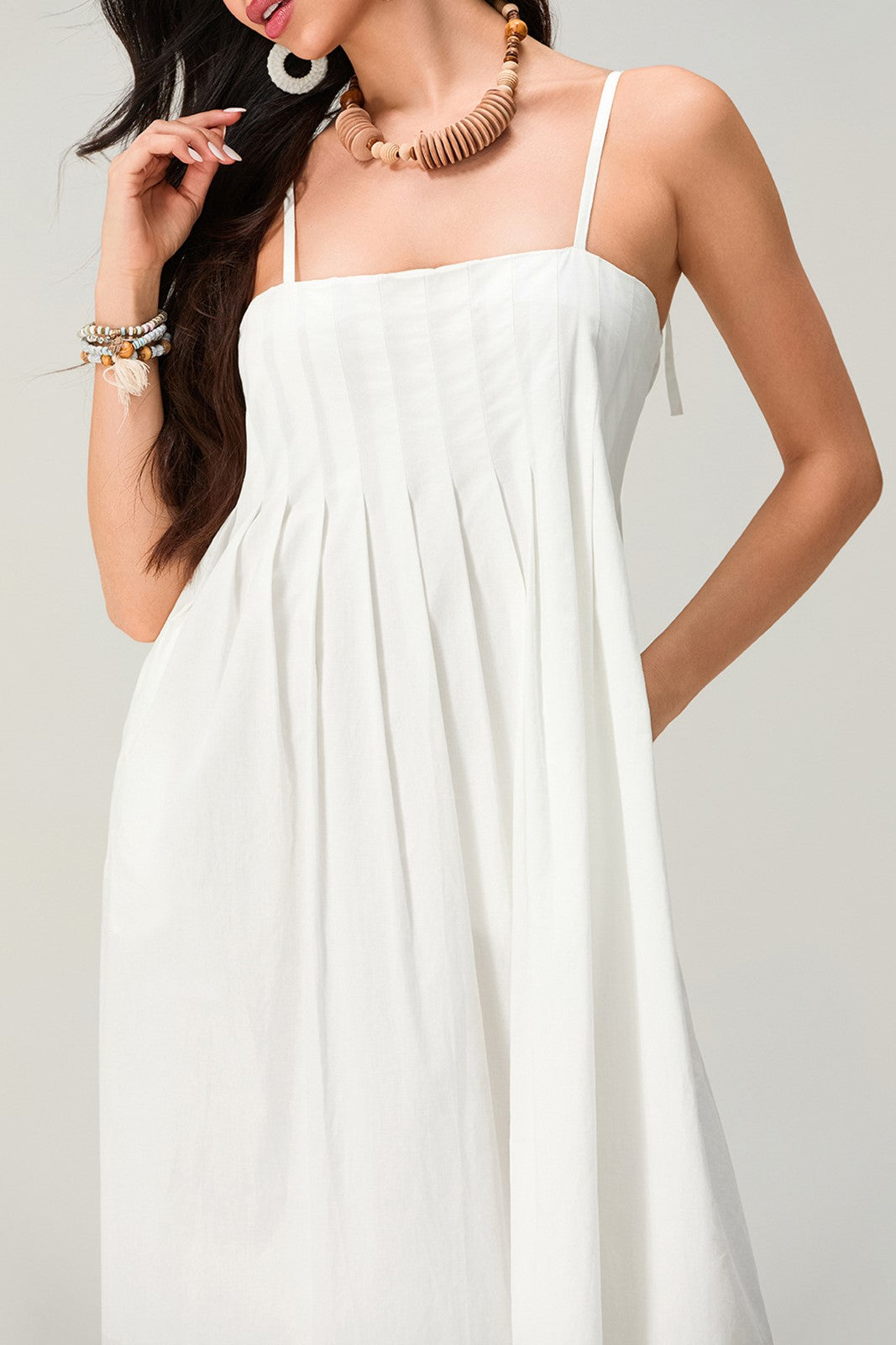 Pleated Bodice Strappy Swing Maxi Dress - white - 8